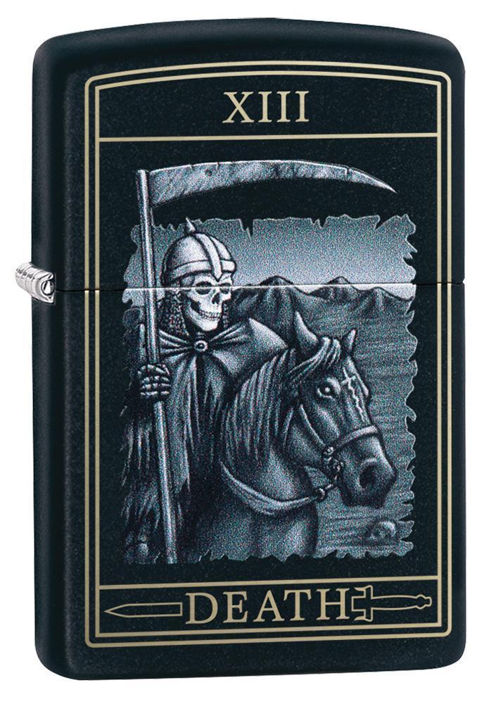 Front view of the Death Card Design Lighter shot at a 3/4 angle